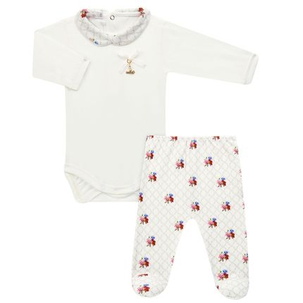 Body longo c/ Calça (Mijão) em algodão egípcio Flores - Roana Body longo c/ Calça (Mijão) em algodão egípcio Flores - Roana