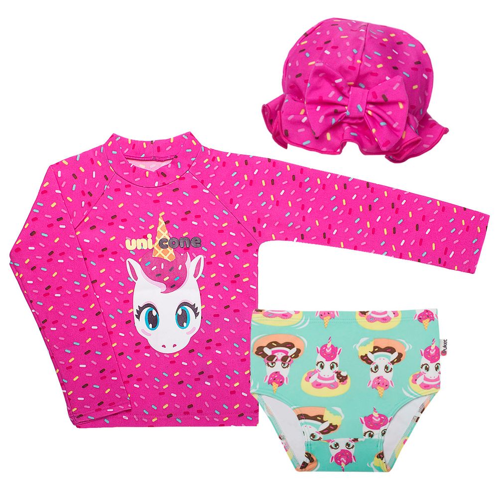 Conjunto de banho para bebê Unicórnio: Camiseta + Biquini + Chapéu