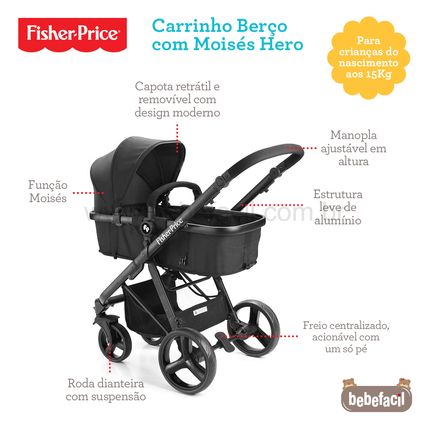 Carrinho de bebê Berço com Moisés Hero Cinza (0-15kg) - Fisher Price -  bebefacilMobile