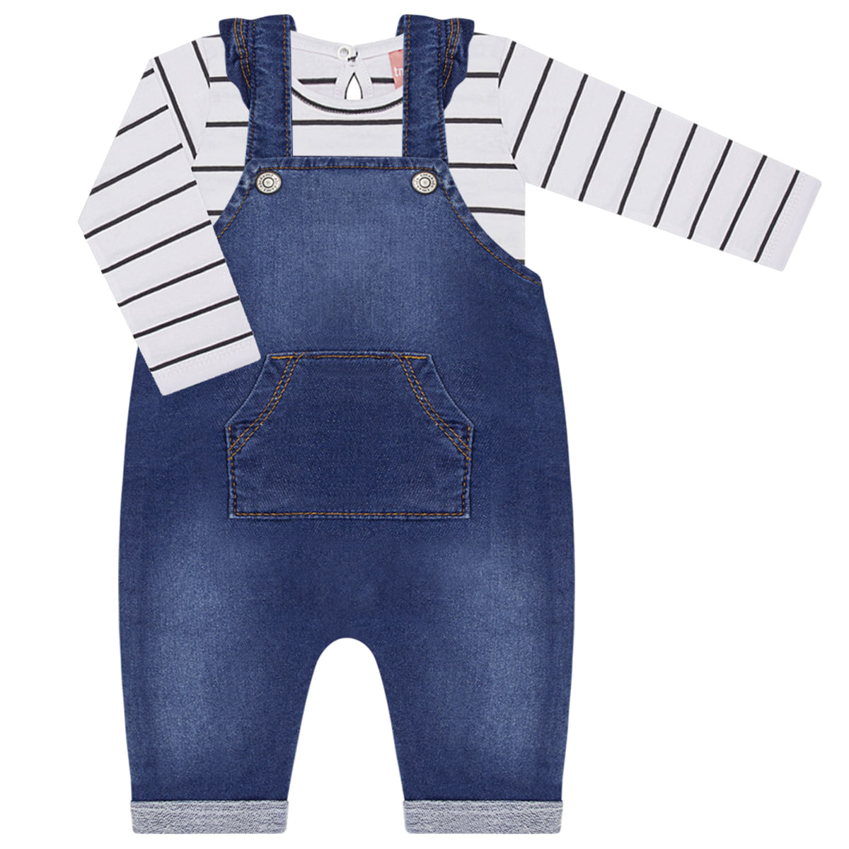 Jardineira Feminina C Body Longo Para Bebe Em Jeans Confort Denim Stripes Tmx