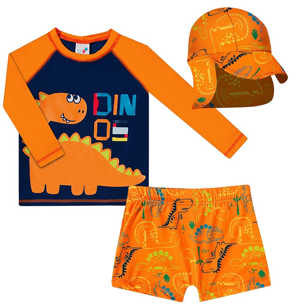 2535138K-A-camiseta-surfista-bone-sunga-dino-laranja-tip-top